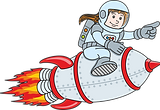 Illustration of an astronaut on a rocket in space, smiling, signifying Nature Nurture' exploration, adventure