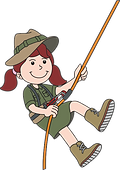 Cartoon girl scout in uniform with binoculars signifying NatureNurture spirit of curiosity, exploration and learning