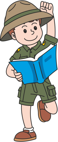 Cartoon boy scout in uniform with a book signifying NatureNurture spirit of curiosity, exploration and learning