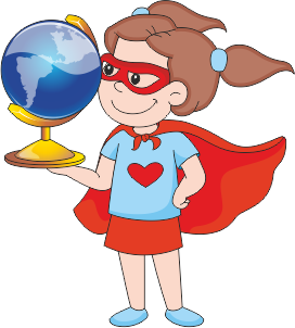 Illustration of a girl wearing a superhero costume holding a globe. Signifies knowledge and global awareness by NatureNurture