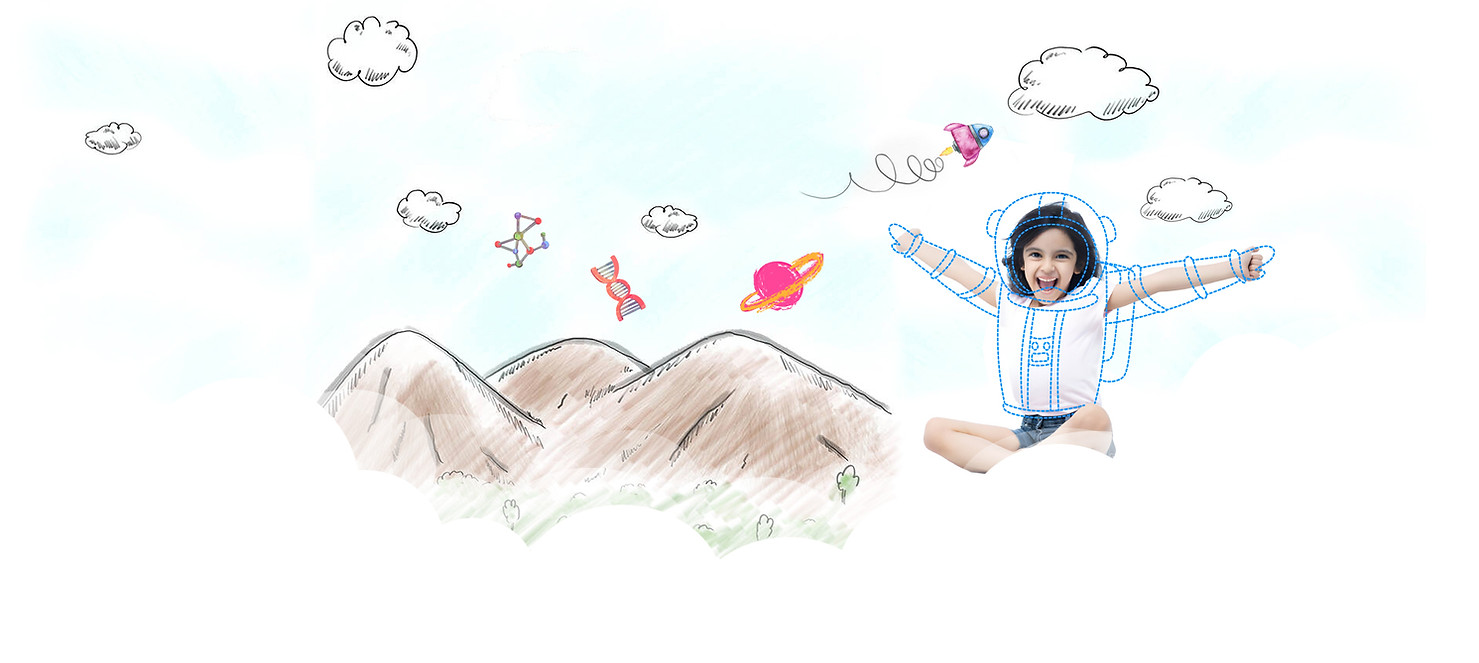Child in astronaut costume with science doodles, symbolizing creativity and learning for NatureNurture K-12 curriculums.